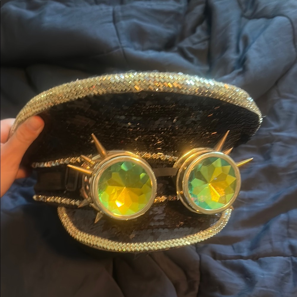 Black and Gold Sequin Hat with Spiked Goggles